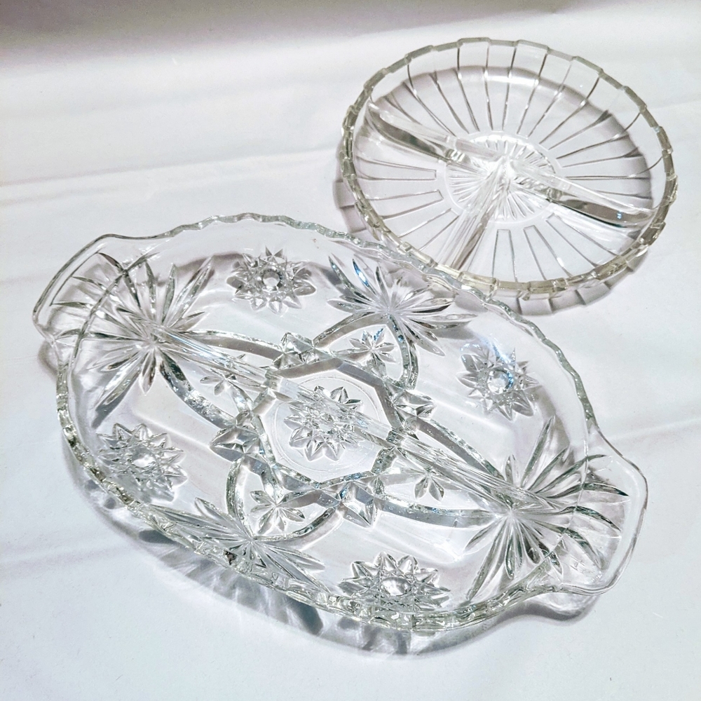 2 Sm Glass Candy / Dip / Relish / Condiments Tray / dish, cut glass